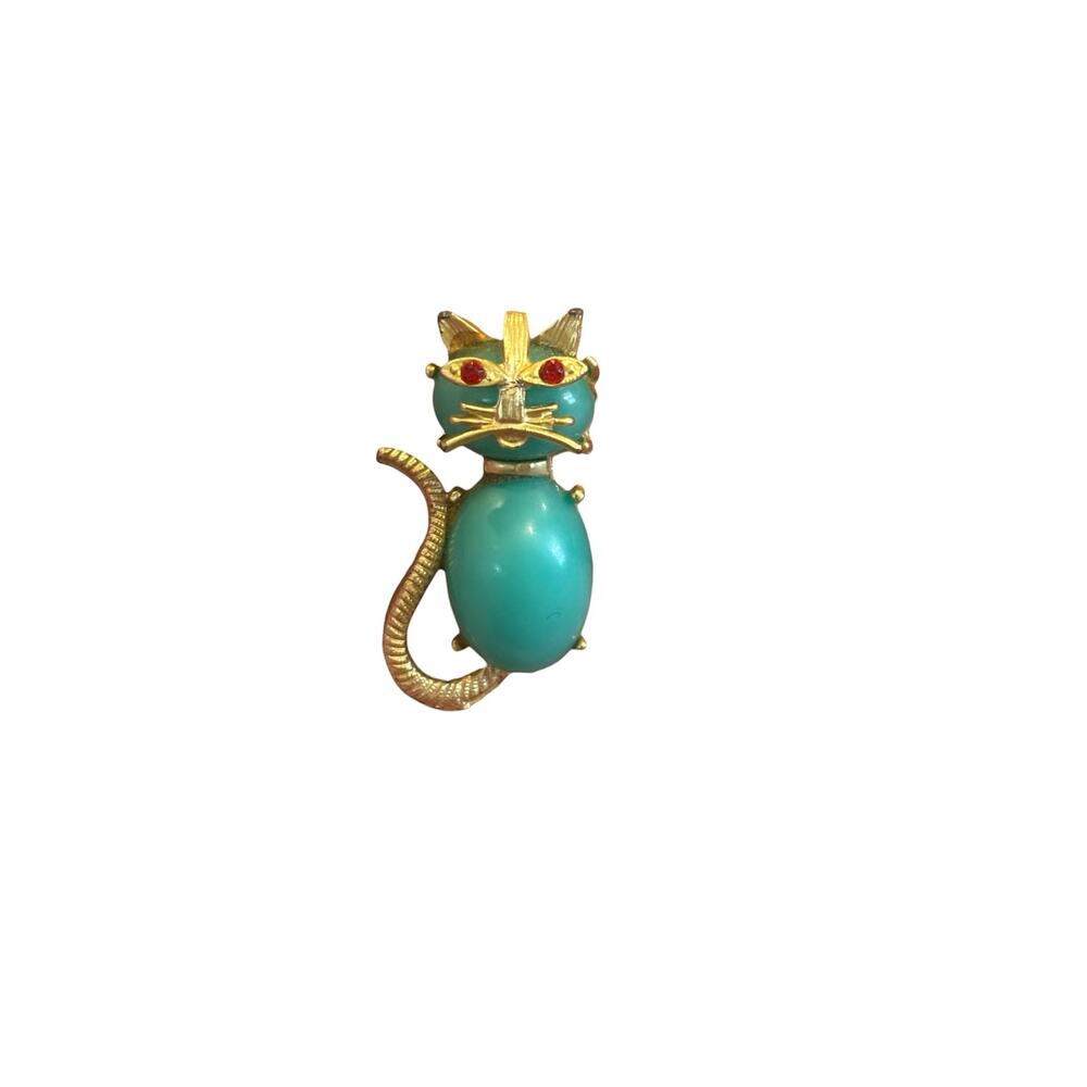 Atomic Turquoise Cat Brooch Red Rhinestone Eyes Mid Century Mod Figural Pin - Picture 6 of 8